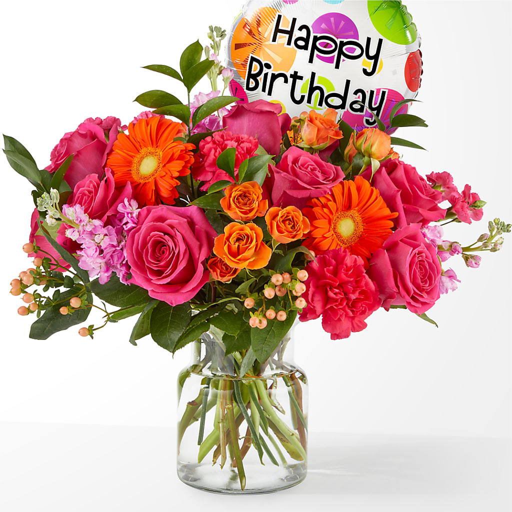 Fiesta Bouquet with Birthday Balloon – BUTTERFLIES & BOUQUETS, Peterstown WV