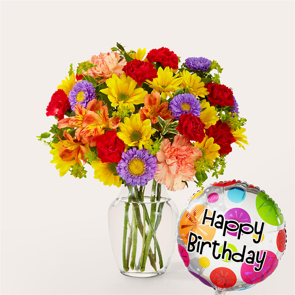 Kaleidoscope Bouquet with Birthday Balloon – BUTTERFLIES & BOUQUETS, Peterstown WV