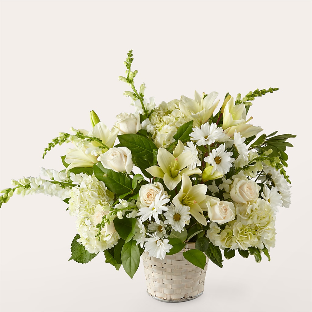 Ivory Elegance Floral Basket – BUTTERFLIES & BOUQUETS, Peterstown WV