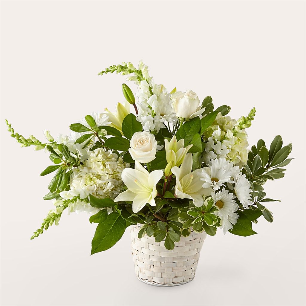 Ivory Elegance Floral Basket – BUTTERFLIES & BOUQUETS, Peterstown WV