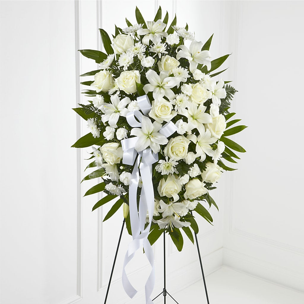 Exquisite Tribute Standing Spray-White Ribbon – BUTTERFLIES & BOUQUETS, Peterstown WV